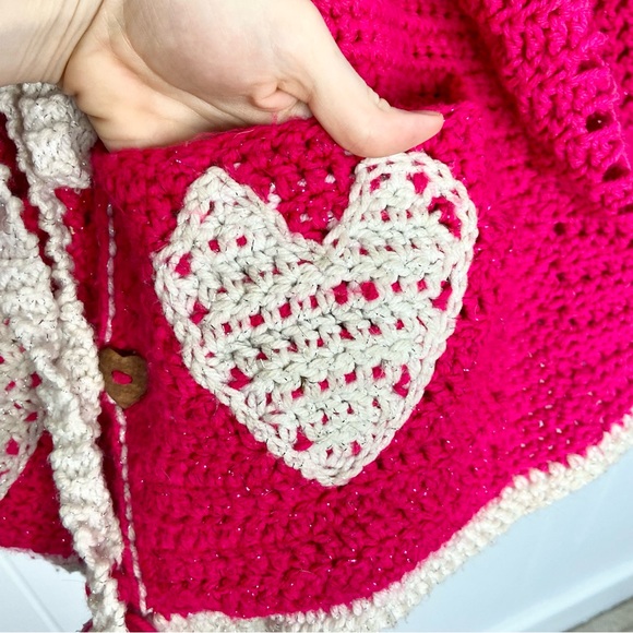 💖HAND-KNIT Pink Chunky Cardigan Belted Heart Patch Pockets Whimsical Crochet - Picture 7 of 9